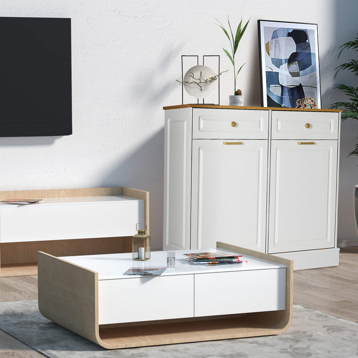 UEV Double Kitchen Trash Cabinets,Two Tilt Out Trash Cabinets with Solid Hideaway Drawers,Free Standing Wooden Kitchen Trash Can Recycling Cabinet Trash Can Holder (White) UEV