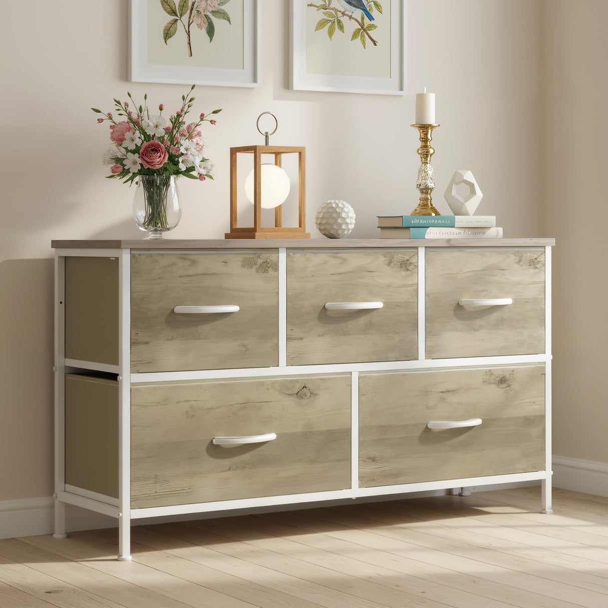 OLIXIS Dresser for Bedroom with 5 Drawers, Wide Chest of Drawers, Fabric Bedroom Dresser with Drawer Organizer, Storage Organizer Unit with Fabric Bins for Closet, Living Room, Hallway, Greige Oak OLIXIS