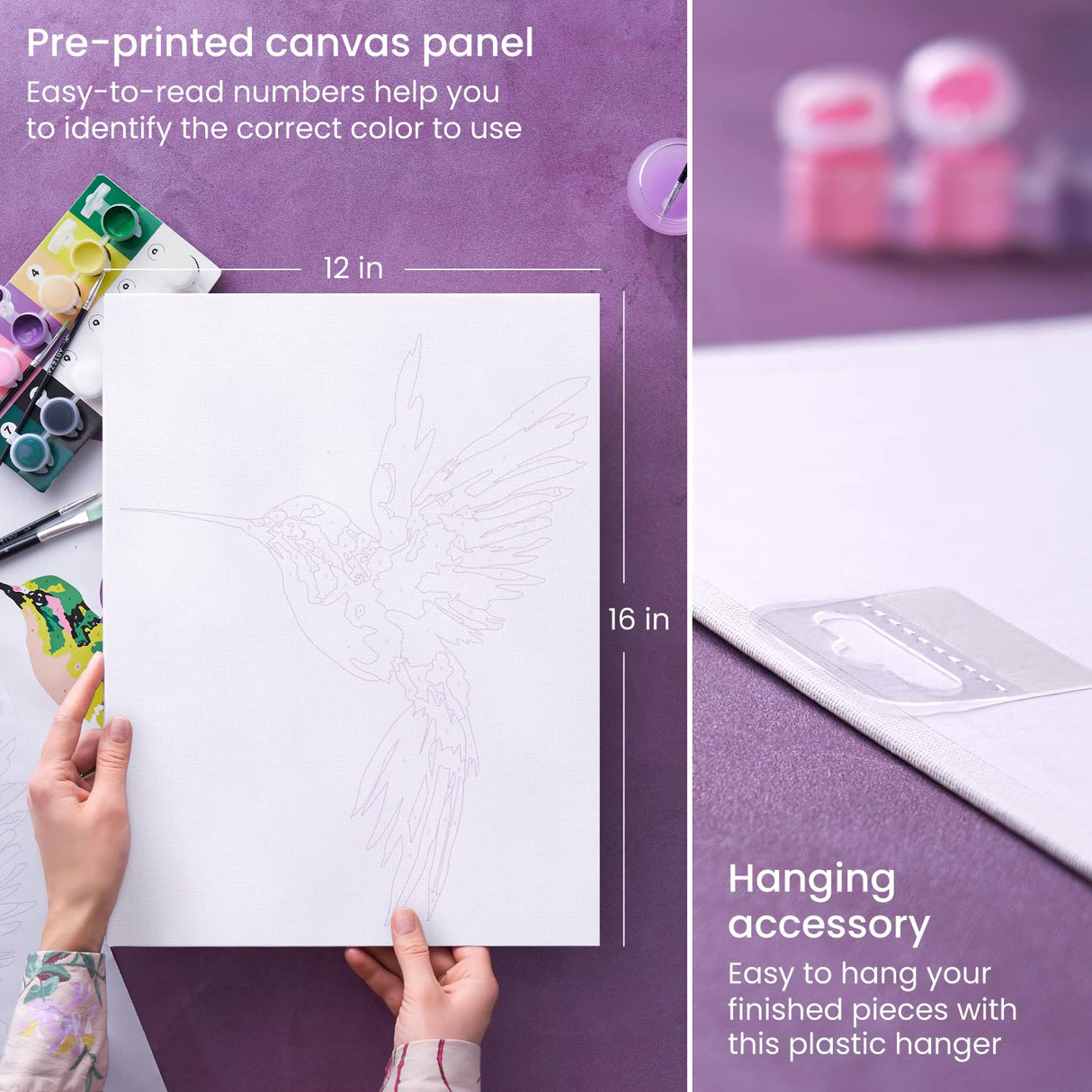 ARTEZA Paint by Numbers for Adults, 12x16 Inches, 21-Piece Hummingbird Painting Kit, Includes Canvas Panel, 12 Acrylic Paint Pots & 5 Paintbrushes for Home & Office Decor ARTEZA