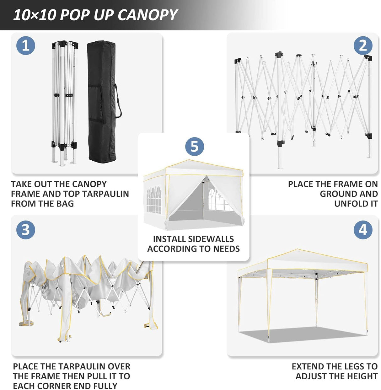 COBIZI 10x10 Pop up Canopy, Canopy Tent 10x10 Gazebos, Ez up Canopy 10x10 for Parties Outdoor Camping Party Event Shelter Sun Shade with 4 Sidewalls & Carry Bag 4 Stakes & Ropes & Sandbags, White COBIZI