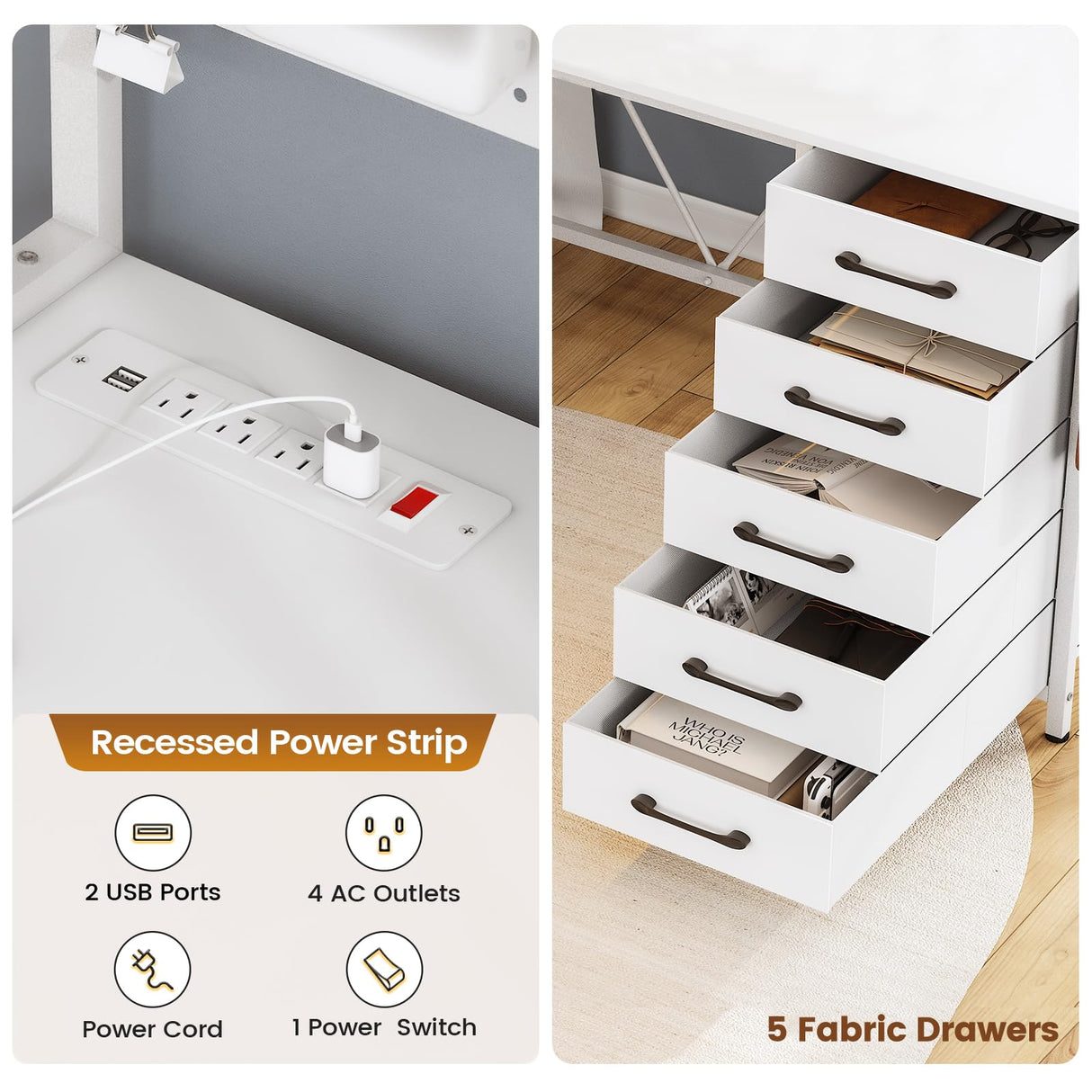 SEDETA L Shaped Gaming Desk with Drawers, L Shaped Computer Desk with Hutch and Storage Shelves, Gaming Desk with Pegboard, Led Lights, and Power Outlet, Home Office Desk, Corner Desk, White SEDETA