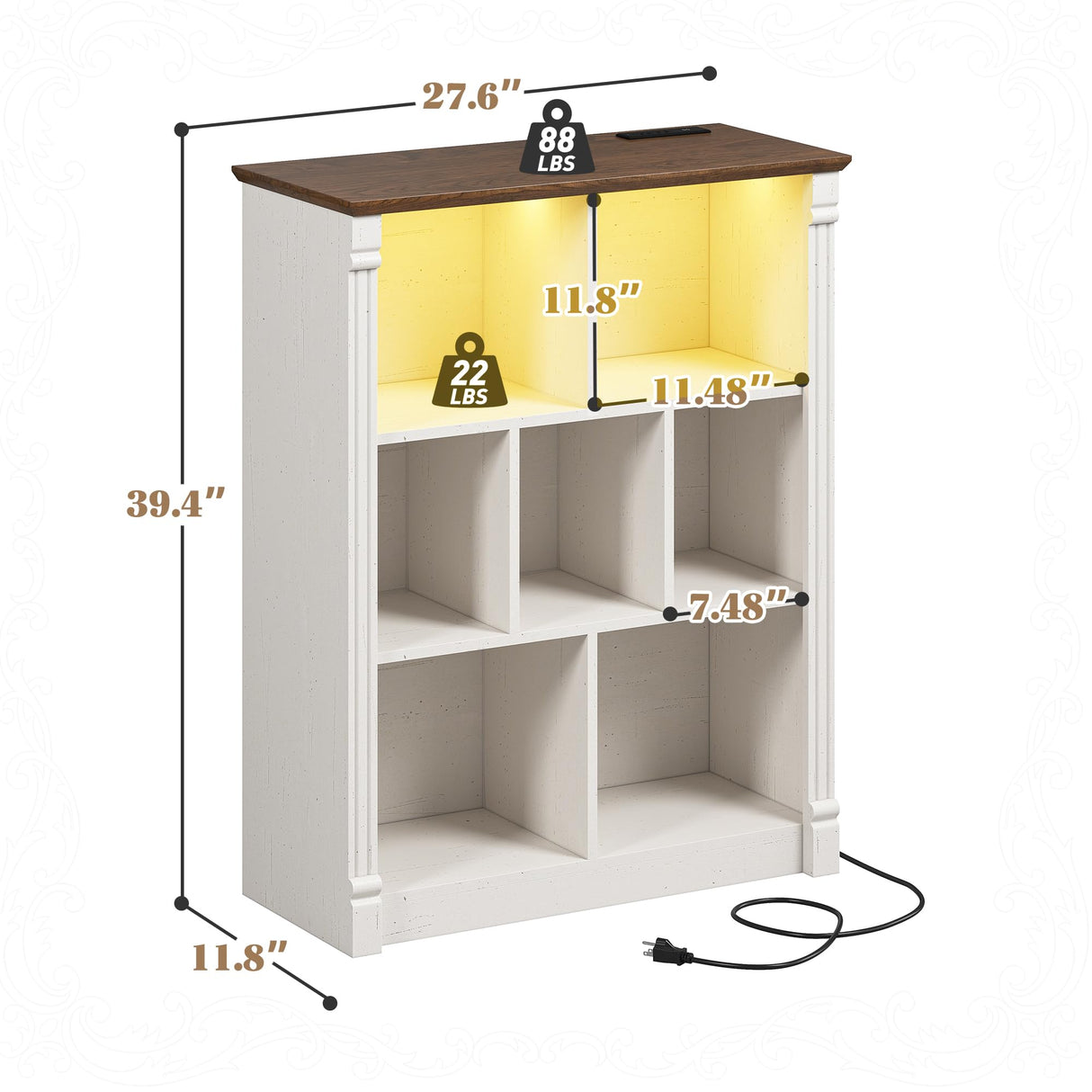 EnHomee 7 Cube Storage Organizer with LED Light and Charging Station Wood Cube Shelf White Bookshelf for Bedroom Living Room,Office,White EnHomee