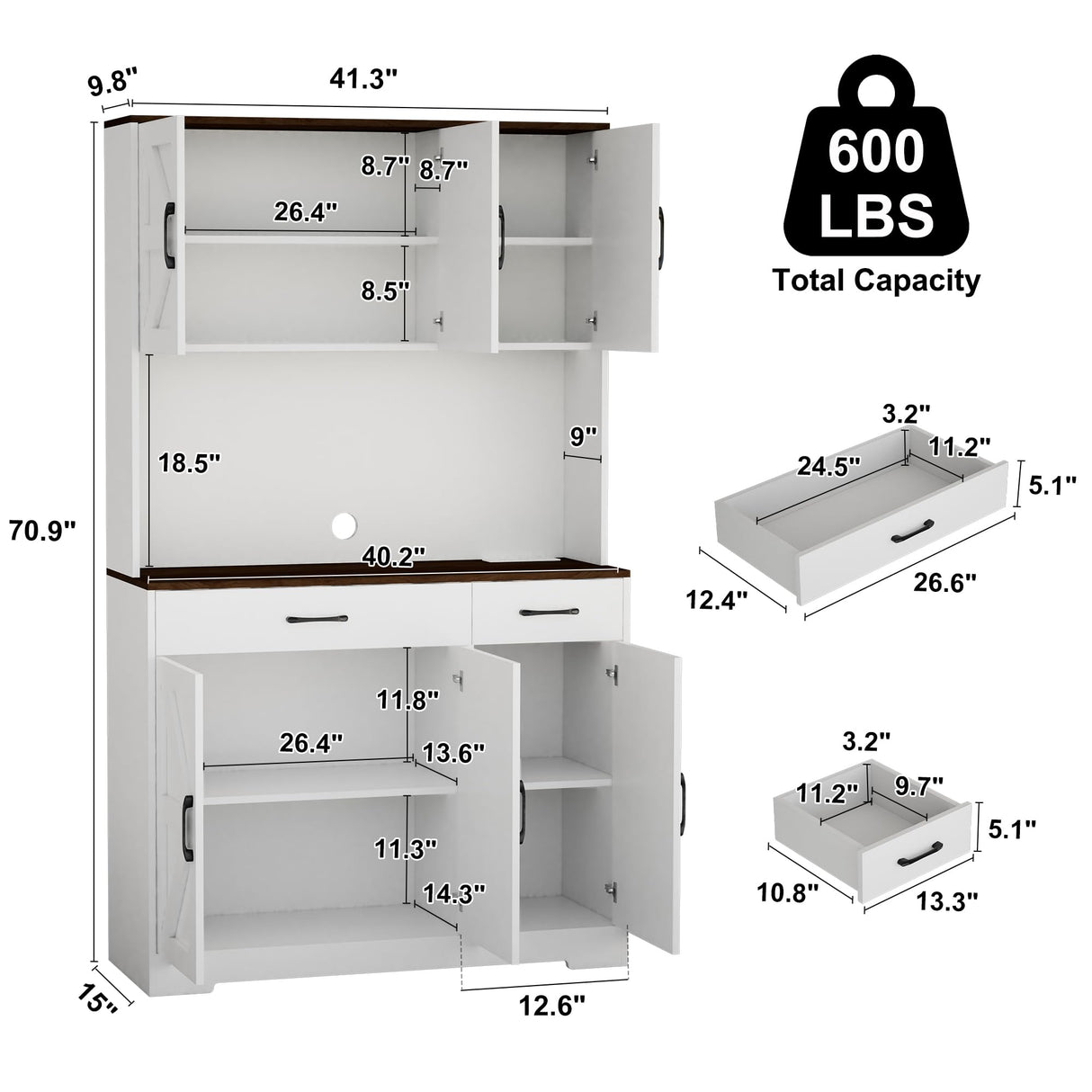 Azaeahom 71" Pantry Cabinet with Charging Station, Kitchen Storage Cabinet with Microwave Stand, 8-Zone Organization, 2 Smooth-Glide Drawers, Open Countertop for Dining, Kitchen, Living Room (White) Azaeahom