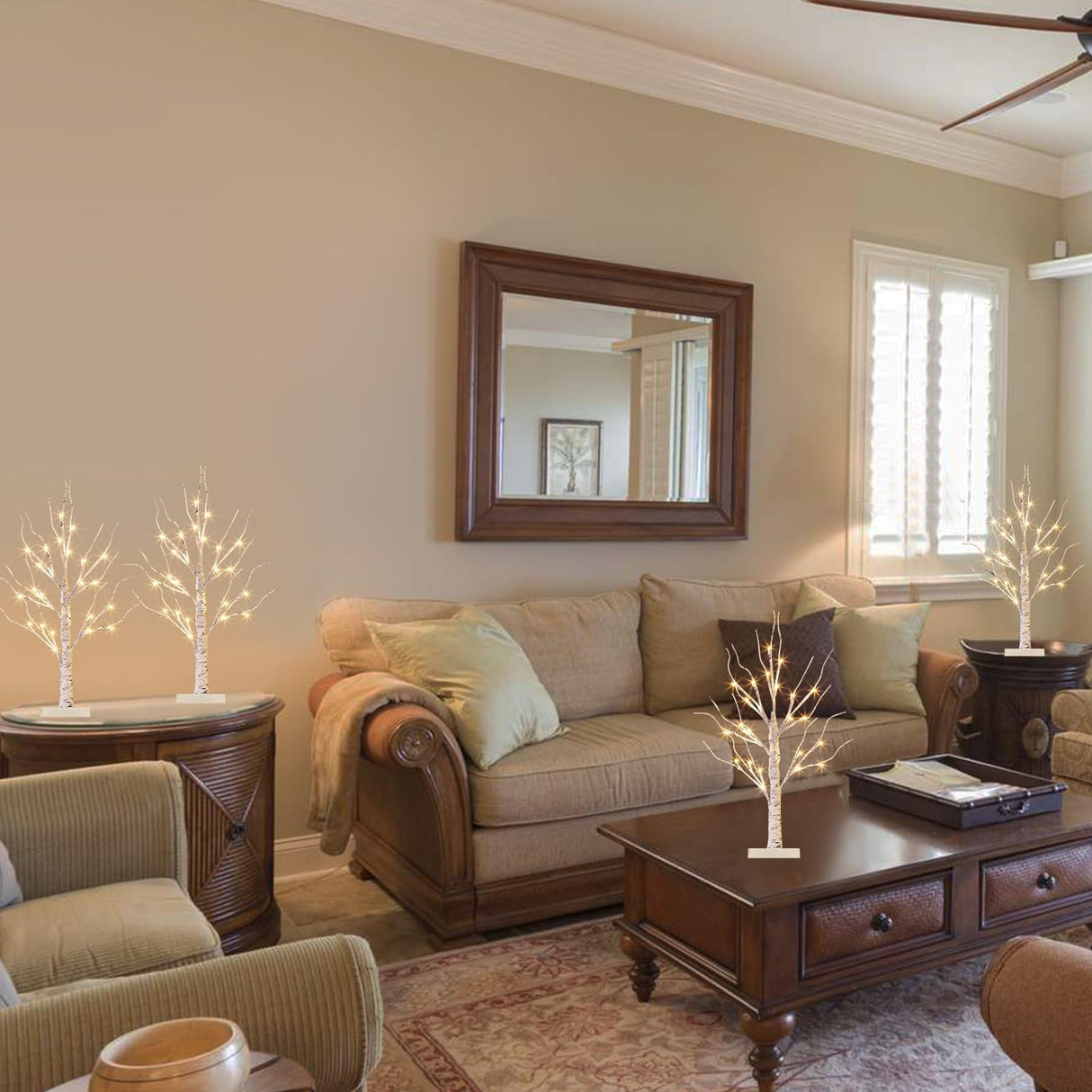 Vanthylit Christmas Tree Decorations, White Birch Tree with LED Lights- Set of 4, Warm White Small Tree Lights Battery Powered/USB, Timer Lighted Tree for Home Wedding Indoor Outdoor Decor (2 FT) Vanthylit