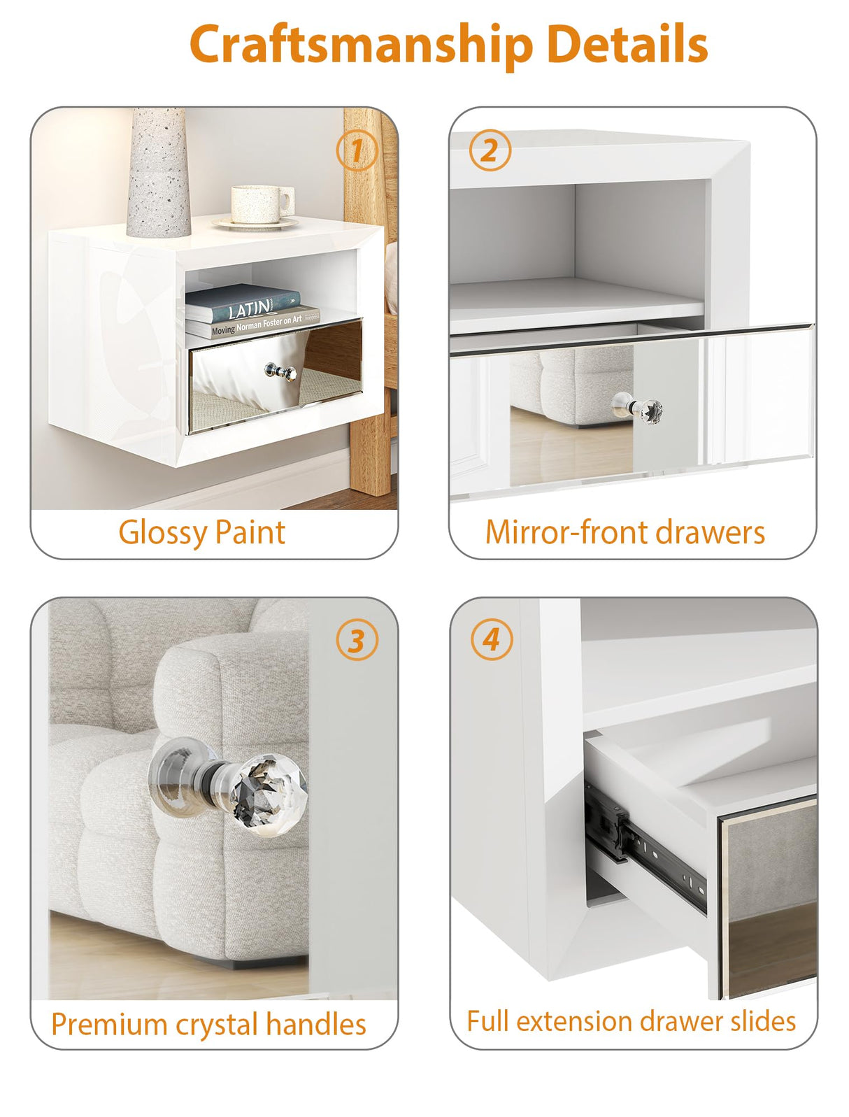 blingworld Floating Nightstand Mirrored, White Wall Mounted Night Stand with Mirrored Storage Drawer Premium Quality Floating End Table blingworld