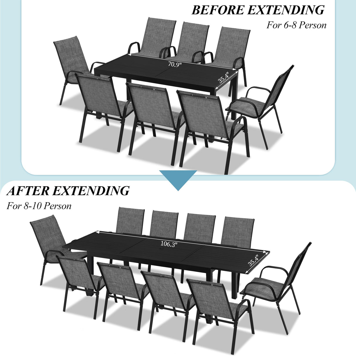 Outdoor Expandable Dining Table 71"-106" Aluminum Patio Dinner Table for 8-10 Person, Rectangular Metal Collapsible Tables with Umbrella Hole, Patio Tables with Extendable Top for Garden, Backyard PIZZELLO