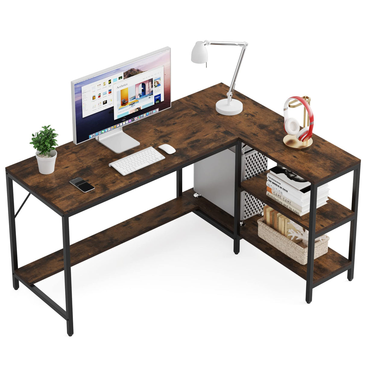 Tribesigns L Shaped Desk with Storage Shelves, Reversible Computer Desk Gaming Desk for Home Office Workstation, Rustic Brown Tribesigns