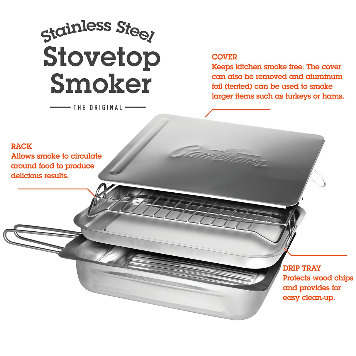 Camerons Original Stovetop Smoker - Smoker Box Gift Set w/Oak, Apple, Hickory Wood Chip Pints & Recipes - Indoor Outdoor Use on Any Heat for Smoking Meats, Veggies & Seafood - Grilling Gift for Men Camerons