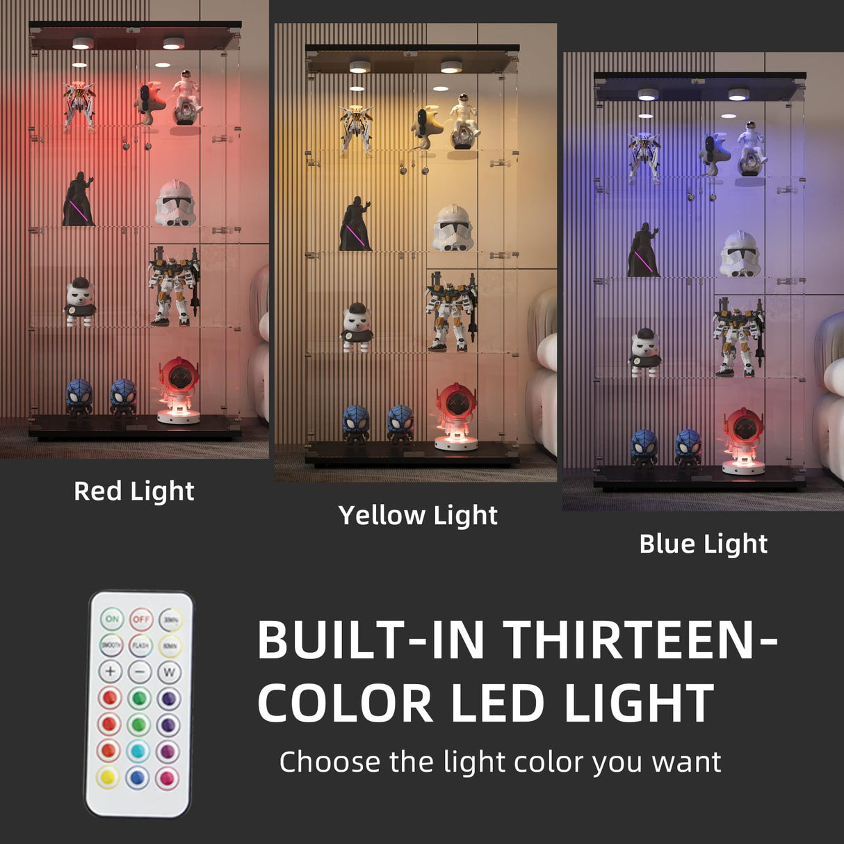 FANYUSHOW Glass Display Cabinet with LED Light, 2 Doors and Lock, Quick-Install Style 4-Shelf Curio Cabinet 5mm Tempered Glass Bookshelf for Living Room, Bedroom, 65" H x 32''L x 14''W (Black) FANYUSHOW