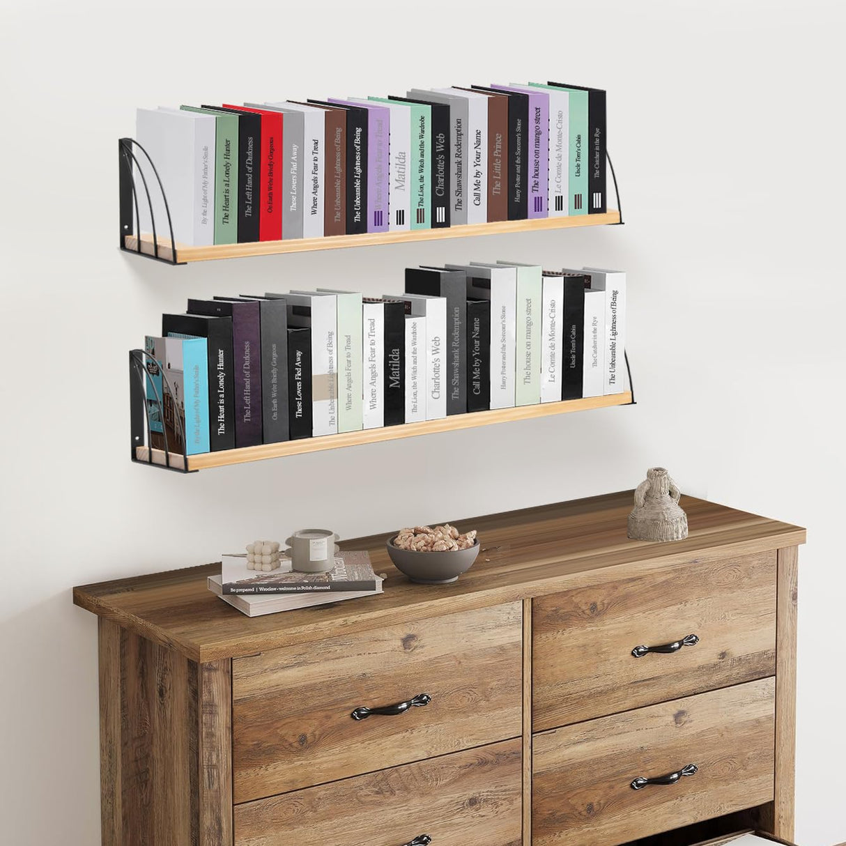 Long 36 inch Wall Bookshelf-Curved Fan-Shaped Design with Built-in Anti-Slip Book Stops|0.71" Thicker Heavy Duty Natural Wood Floating Shelves|Floating Book Shelves for Wall,Home Office Décor Set of 2 KDCMXS