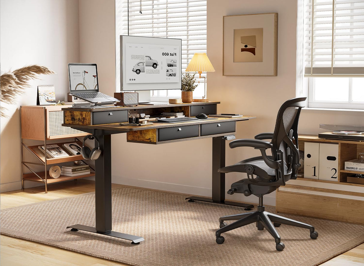 BANTI Height Adjustable Electric Standing Desk with 4 Drawers, 55 x 24 Inch Table with Storage Shelf, Sit Stand Desk, Rustic Brown Top BANTI