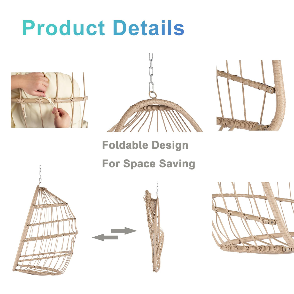BRIGHTREE Wicker Egg Chair Without Stand,Indoor Outdoor 360 Swivel Hanging Egg Chair Rattan Patio Basket Chair no Stand Foldable Hammock Egg Chair with Cushion for Bedroom Balcony BRIGHTREE