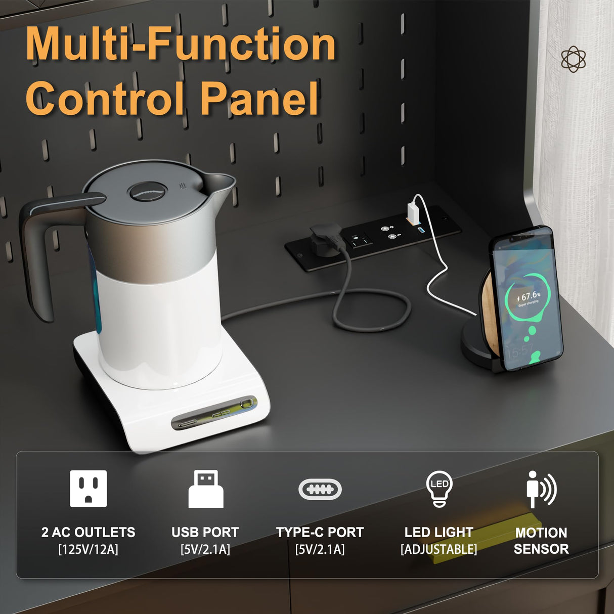 MDGC LED Kitchen Pantry Cabinet with Outlets, Farmhouse Storage Cabinet with Drawers & Adjustable Shelves, 64" Tall Cupboard with Pegboard & Hooks for Dining Room (Black) MDGC