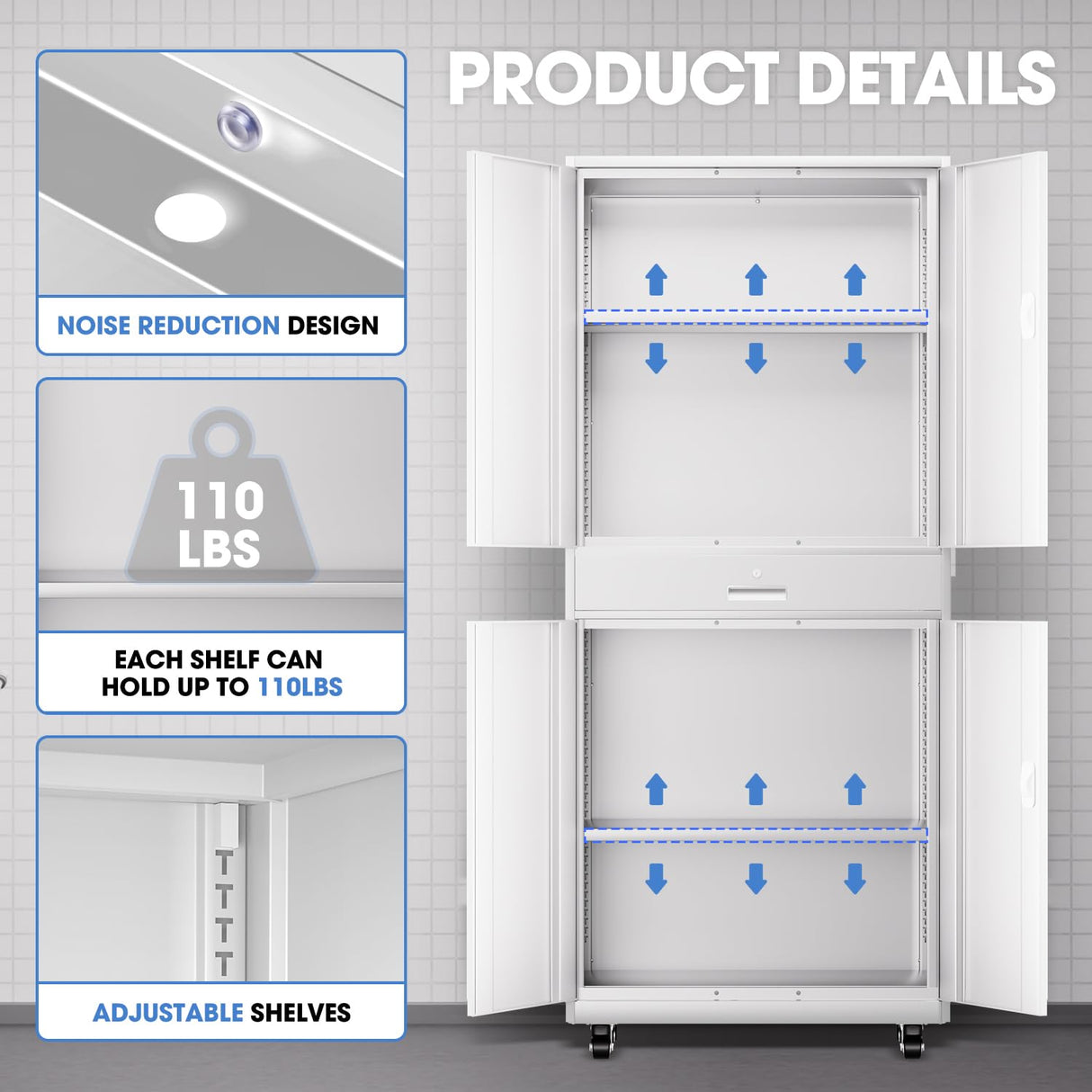 DNA MOTORING 73'' Metal Storage Cabinet, Rolling Garage Cabinet with 1 Drawer and Adjustable Shelves, Lockable Heavy Duty Metal Locker for Garage,Office,Home,White, TOOLS-00630-WH-WH-A DNA MOTORING