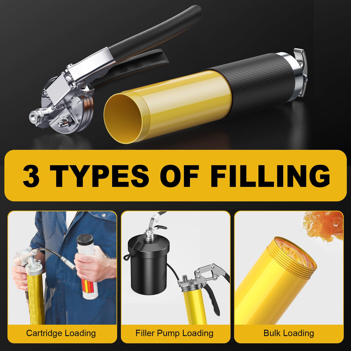 Fantictas Grease Gun Kit, 8000 PSI Leak-Proof Pistol Grip Grease Gun with Lock Coupler, 18" Spring Flex Hose, 14oz Load, 2 Standard Hose, Grease Injector, Needle, Coupler, Rigid Pipe, Sharp Nozzle Fantictas