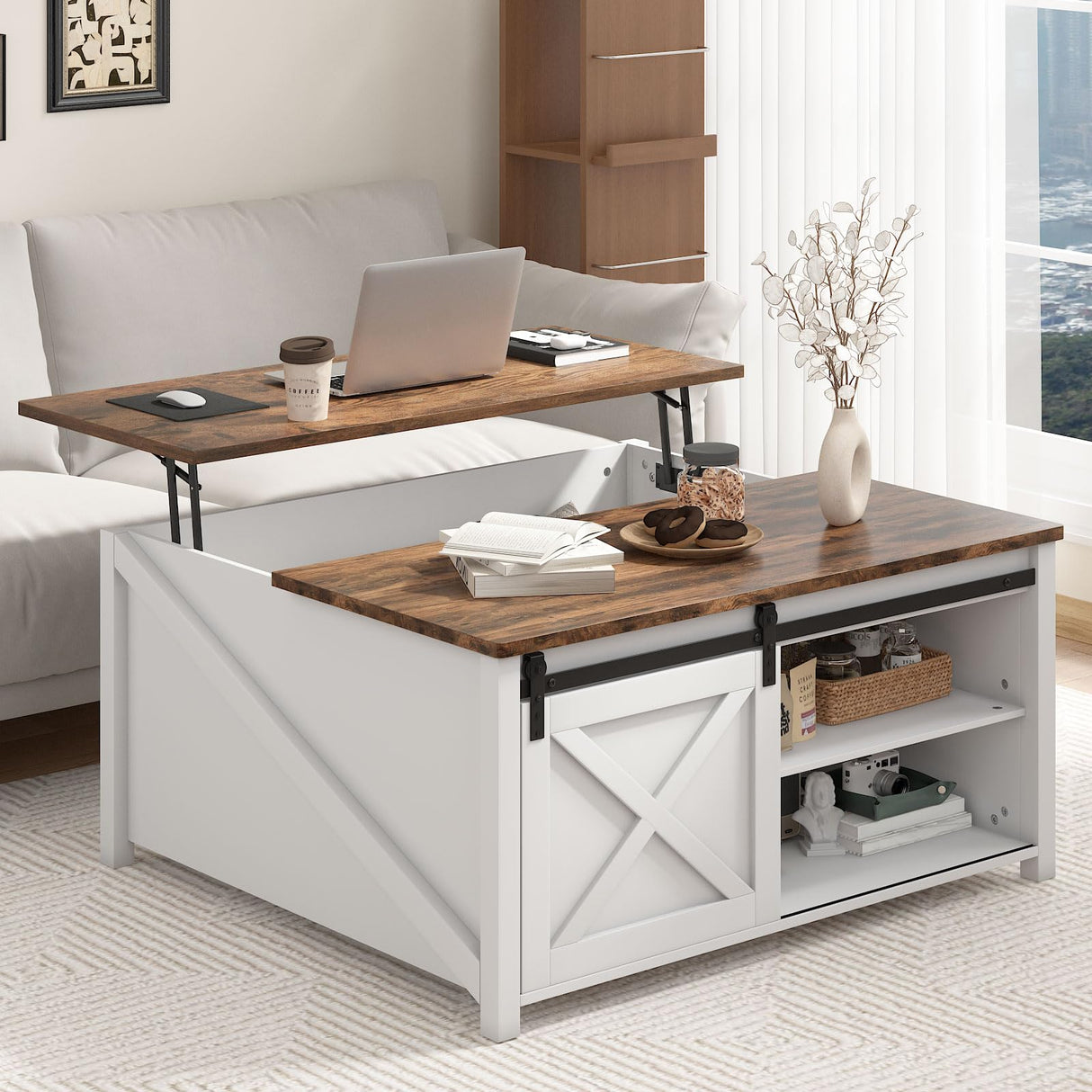 PUKAMI Lift Top Coffee Table with Storage, 31.5" Farmhouse Coffee Table for Living Room, Square Coffee Tables with Large Hidden Storage and Sliding Barn Doors, White PUKAMI