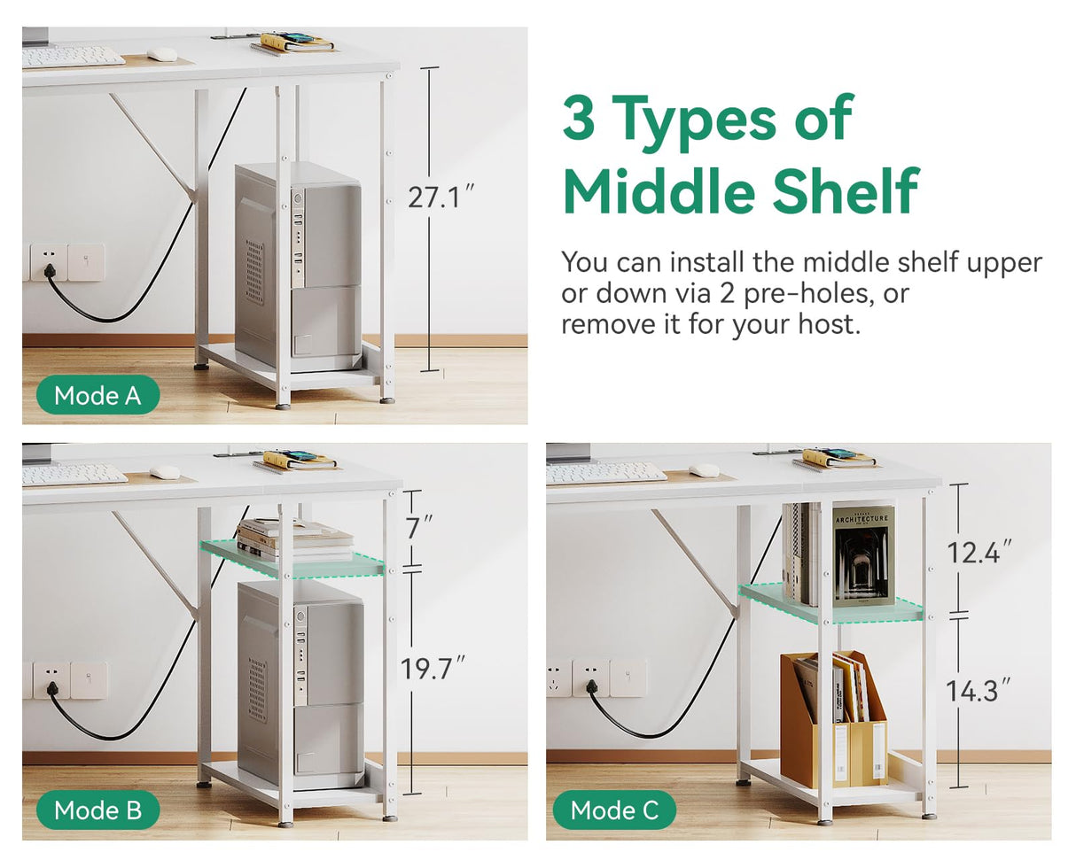 AODK 51 Inch Computer Desk with Fabric Drawers & USB Power Outlets- Reversible Home Office Desk with Storage Shelves, Work from Home, Modern Work/Writing/Study Table for Bedroom, White AODK