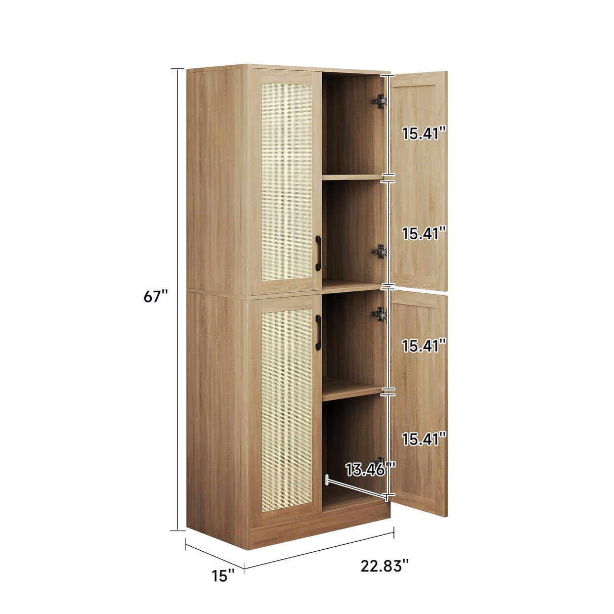 Storage Cabinet - Kitchen Pantry Cabinet, Rattan Cabinet, Tall Storage Cabinet with 4 Doors and Adjustable Shelf, Freestanding Cupboard for Kitchen, Bathroom, Laundry, Utility Room, Natural, 67" H JASIWAY