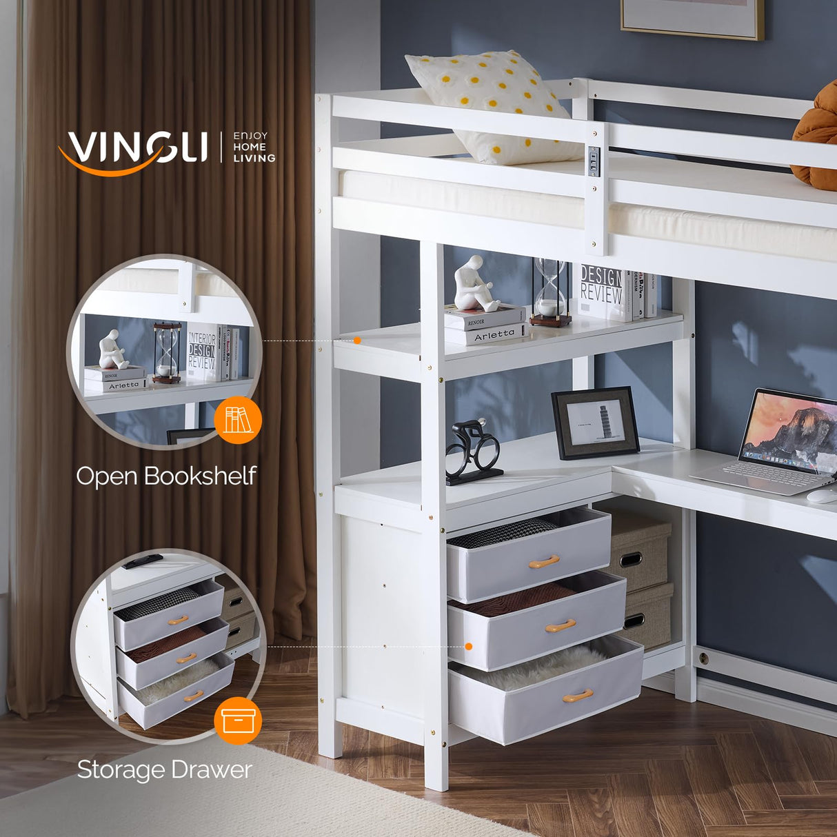 VINGLI Twin Loft Bed with L-Shaped Desk and 3 Storage Drawers, Solid Wood Single Bunk Gamer Bed with RGB LED Light Underneath,2 Charging Stations, White VINGLI
