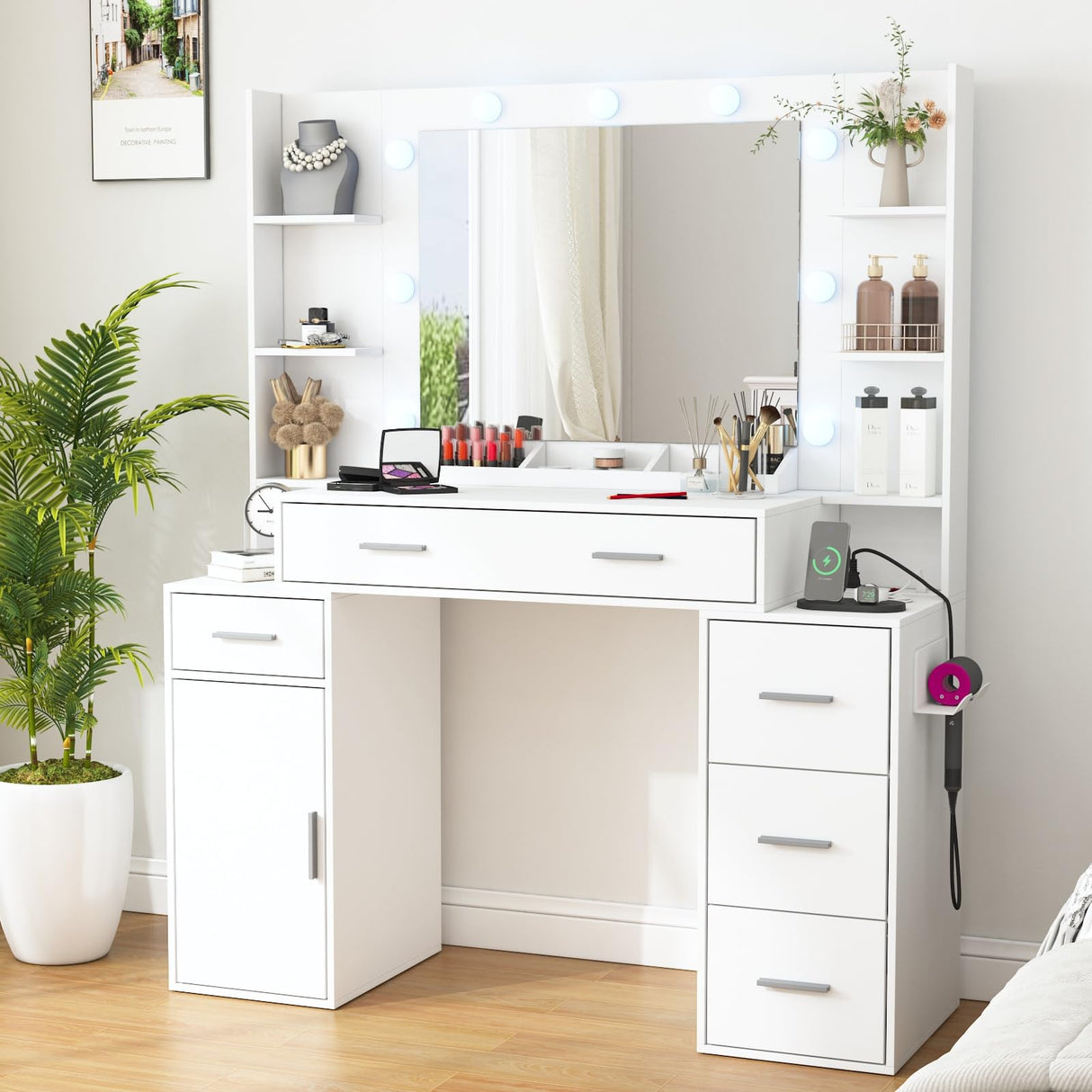 Vanity Desk with Lights and Power Strip, Makeup Vanity Table Lots Storage with 5 Drawers & 1 Cabinet, 3 Light Colors with Adjustable Brightness, Large Vanity 47.3'' (W) Anrigeail