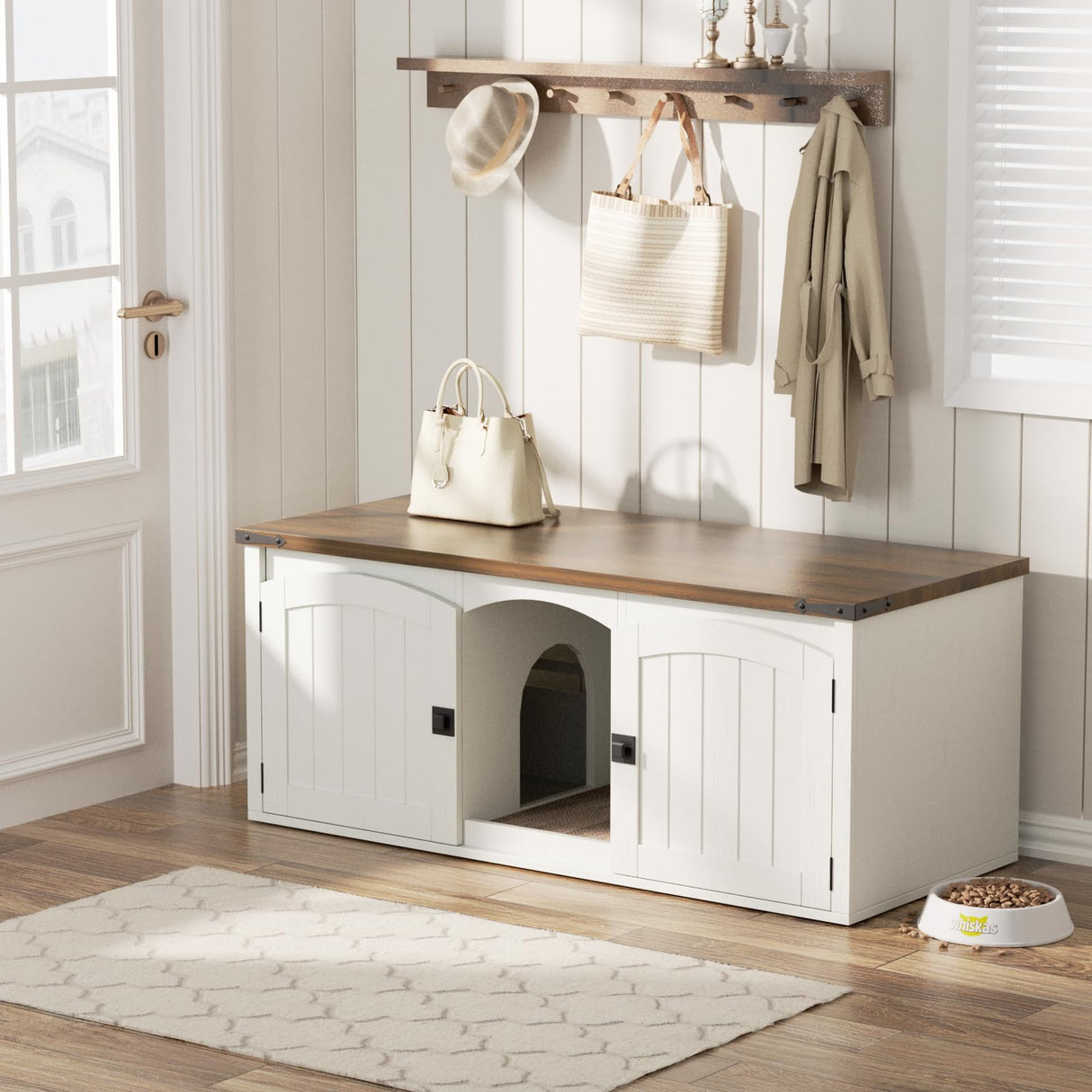 Halitaa Double Cat Litter Box Enclosure, Hidden Litter Box Furniture for 2 Cats, Farmhouse Cat House with Scratch Pad for 2 Litter Boxes, Wooden Enclosed Litter Box Furniture, Entryway Bench, White Halitaa