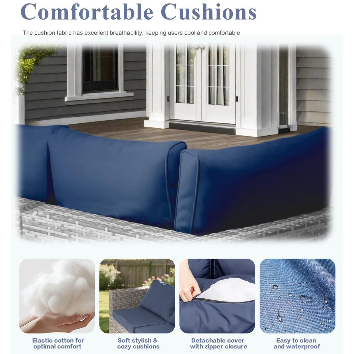 XTWEEX 7-Piece Outdoor Sectional Sofa Set, Wicker Patio Furniture with Navy Blue Cushions for Your Villa, Balcony, Porch, Backyard, Gray Rattan XTWEEX