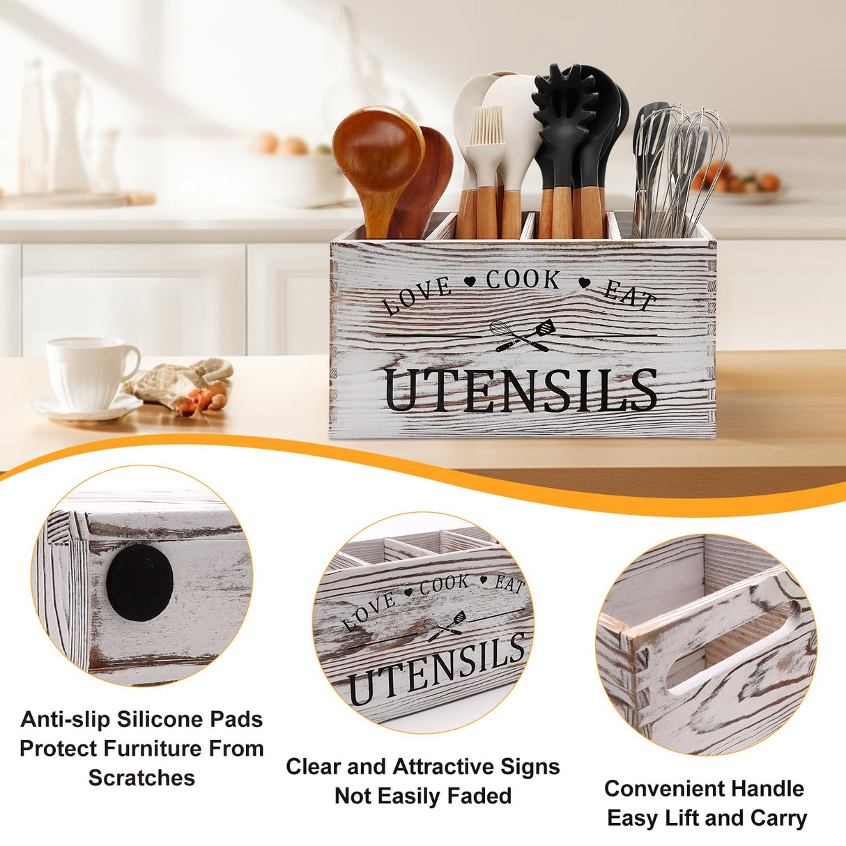 Rustic White Wooden Utensil Holder for Kitchen Counter Decor Extra Large Utensil Crock Organizer Silverware Caddy Farmhouse Wood Cutlery Holder Cooking Utensil Stand Storage kitchen Tools Holder Renawe