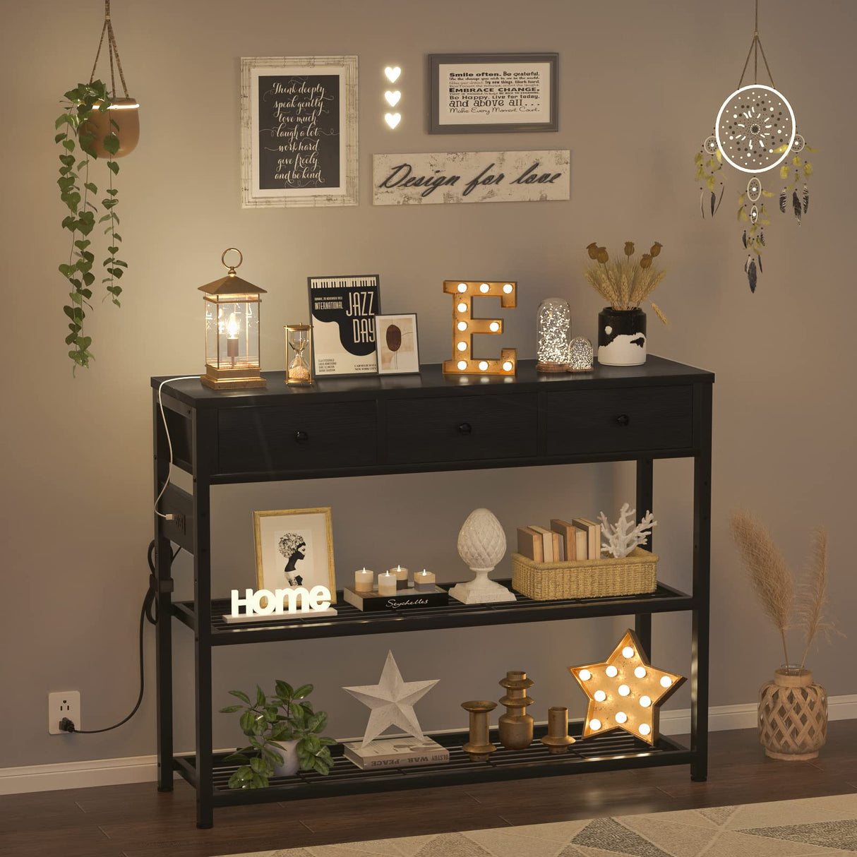 Ecopriso 47'' Entryway Table with Outlets and USB Ports, Console Table with 3 Drawers, Sofa Table Narrow Long with Storage Shelves for Living Room, Couch, Hallway, Foyer, Kitchen Counter, Black Ecoprsio