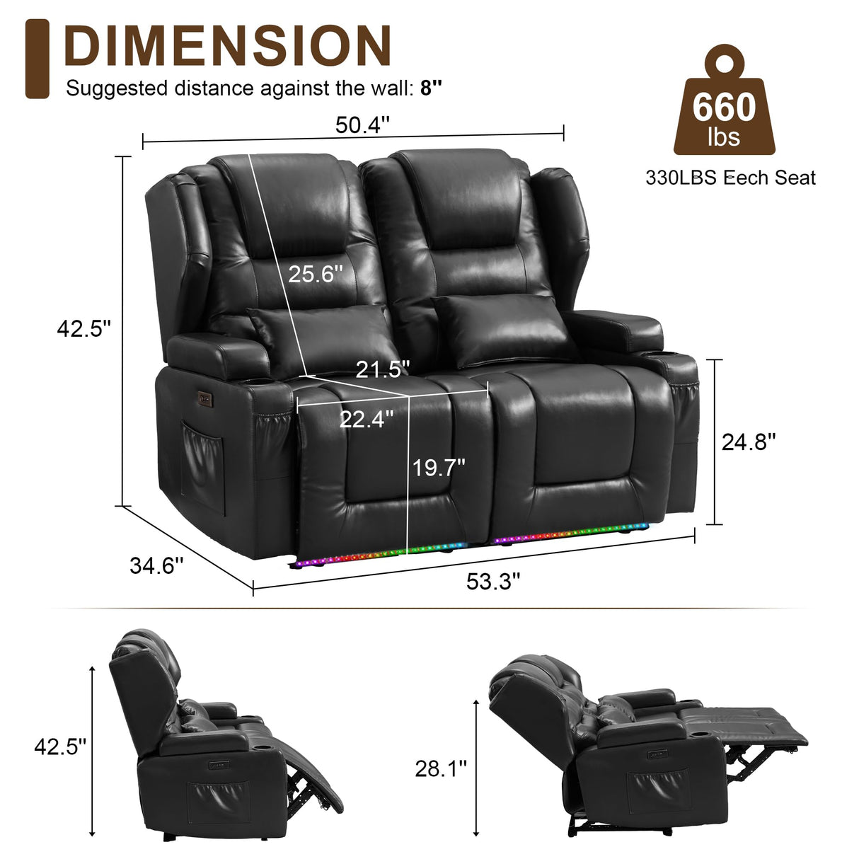 DRMBOOK RV Power Loveseat Recliner Sofa, Leather Double Wall Hugger Reclining Sofa, Home Theater Seating Chair with Cup Holders, 2 Person Couch RV Furniture for Living Room, Black DRMBOOK