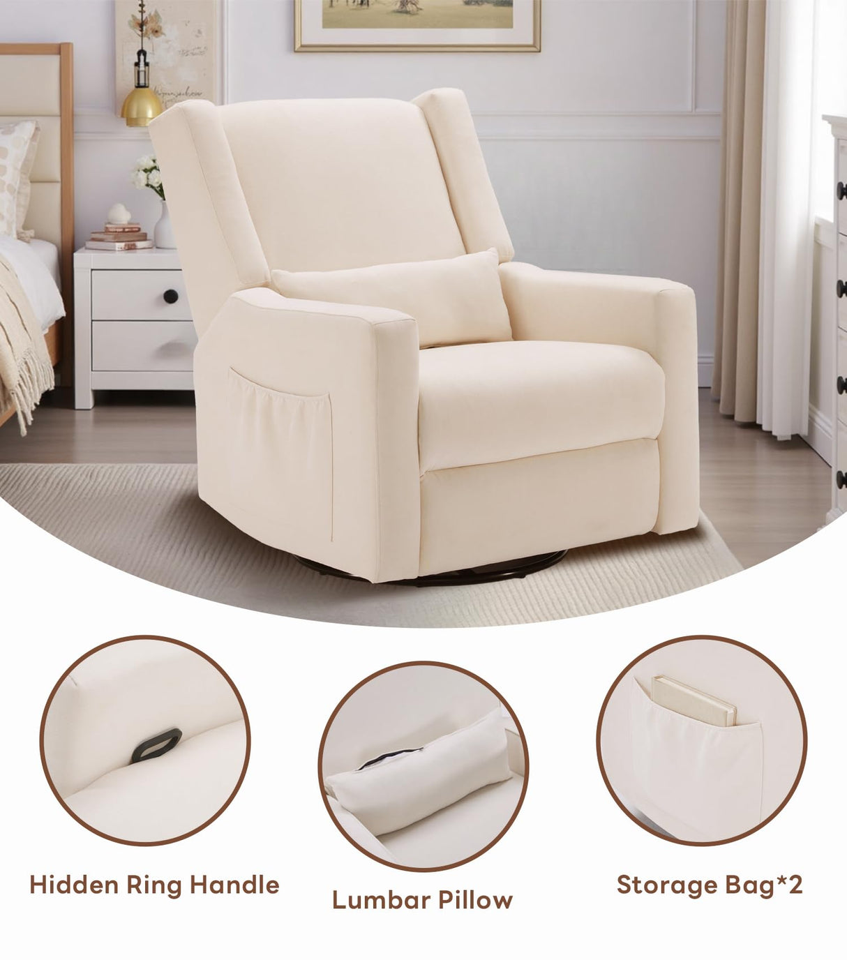 Tbfit 360° Swivel Recliner Chair, Nursery Rocking Chair with Lumbar Support & Footrest for Bedroom, Comfy Upholstered Armchair with Pillows & Storage Bag for Living Room (Beige, Hidden Ring Handle) Tbfit