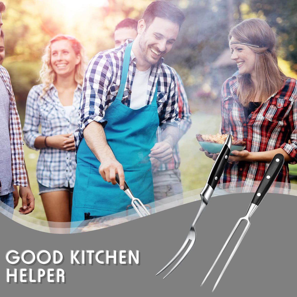 Chengu Carving Fork Meat Fork 2 Pieces Stainless Steel Serving Fork Cooking Fork with Wood Handle Classic Grill Fork with ABS Handle Xmas Black Kitchen Forks Barbecue BBQ Fork Carving Set, 12 Inch CHENGU