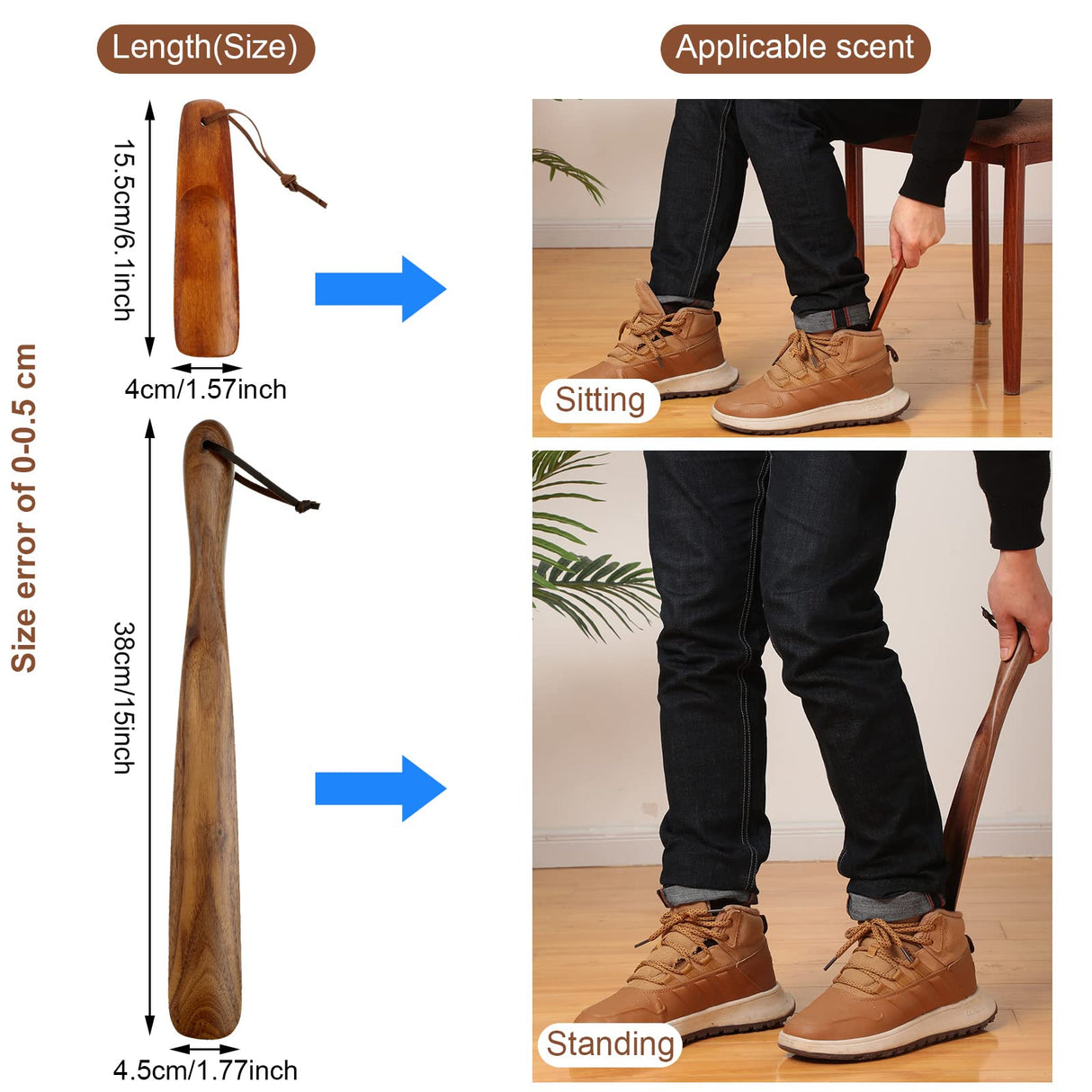 2 Pcs Wood Shoe Horn a Long Shoe Horn and a Short Horn Wooden Wear Shoe Helper Shoe Horn Long Handle for Seniors Men Women Pregnancy Gandeer