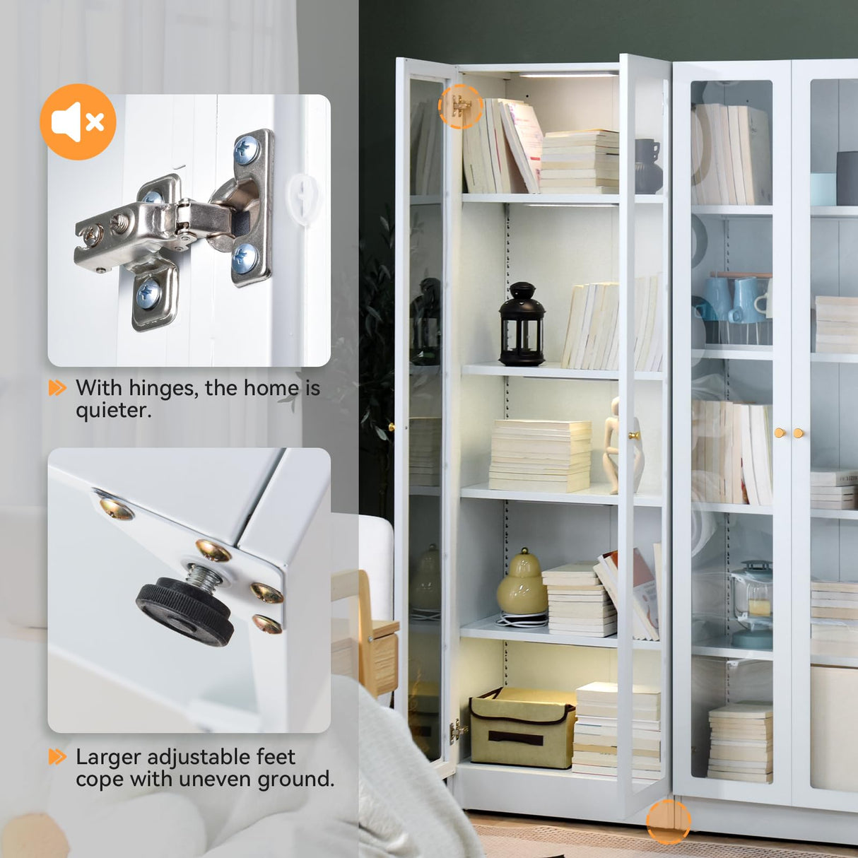 Metal Storage Cabinet with Doors, Tall Bookcase with 4 Adjustable Shelves, 70.87" Cabinet Display Case for Collectibles, White Bookshelf for Home Office, Living Room, Library Generic