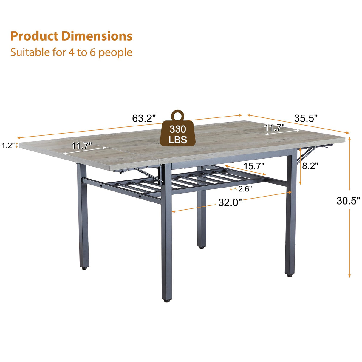 Tmsan 63.2" Folding Dining Table for 4-6 People, Drop Leaf Table with Storage Rack Extendable Kitchen Dinner Table for Small Spaces (Grey) Tmsan