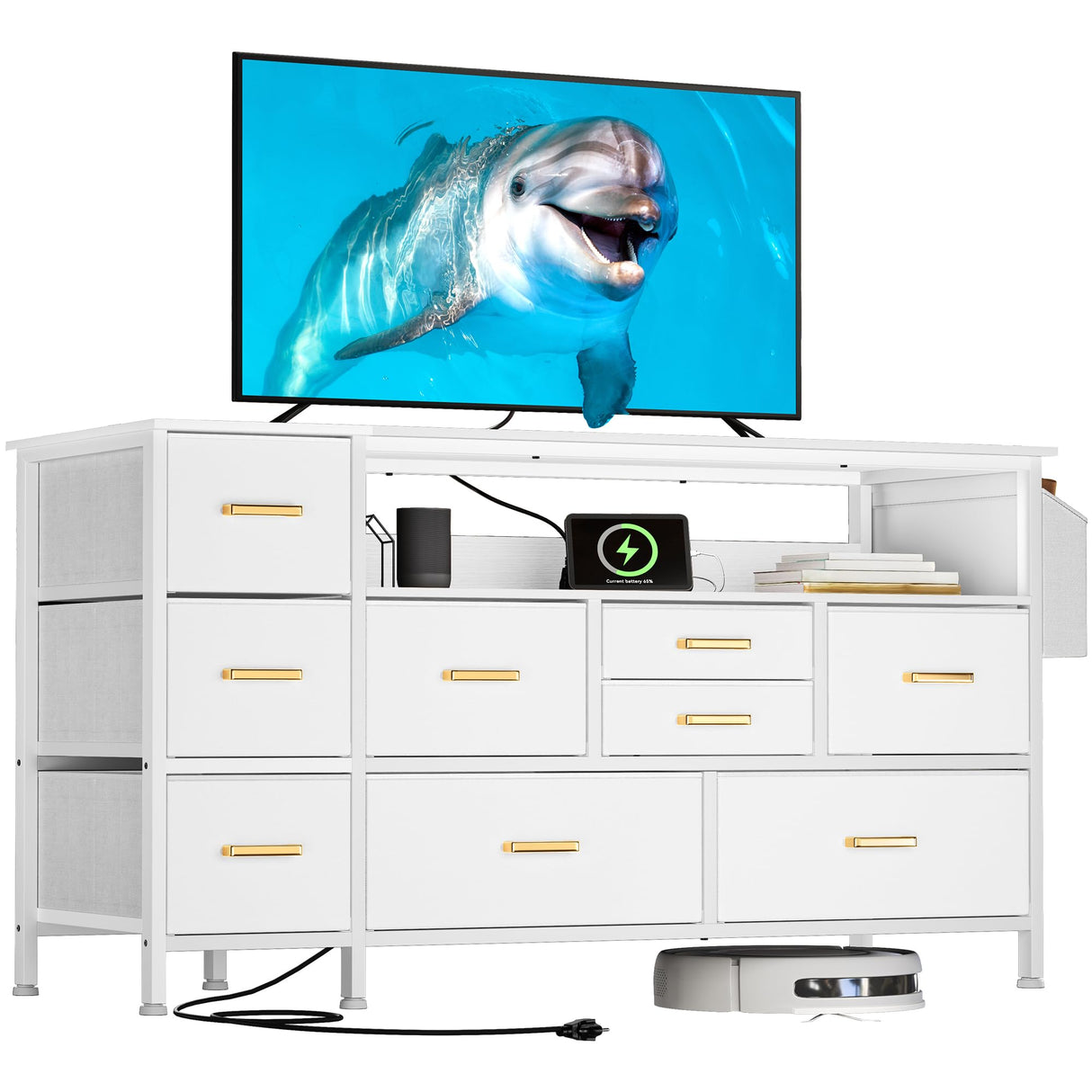 YITAHOME TV Stand with Charging Station, Dresser TV Stand for 55'' TV, 9 Drawer for Bedroom, White Drawer with Side Pockets, Fabric Drawer for Living Room, Entryway YITAHOME