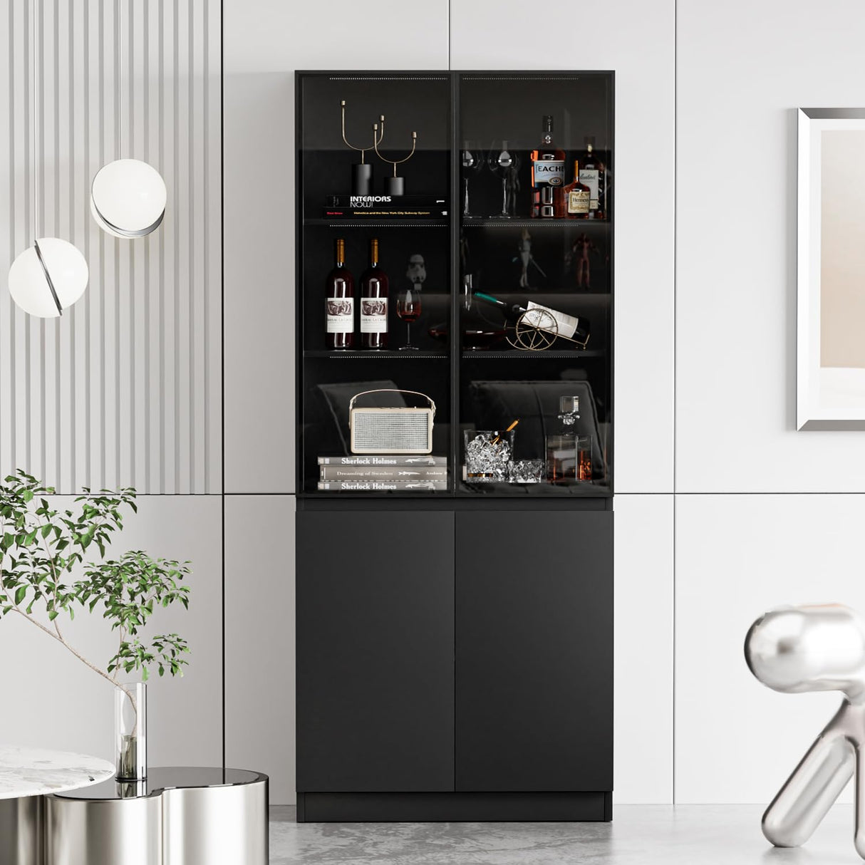 MAISONARIA Display Cabinet with Glass Doors & Lights, Curio Cabinet with 2 Shelves, Glass Display Cabinet for Living Room, Home Office, Bedroom, Black MAISONARIA