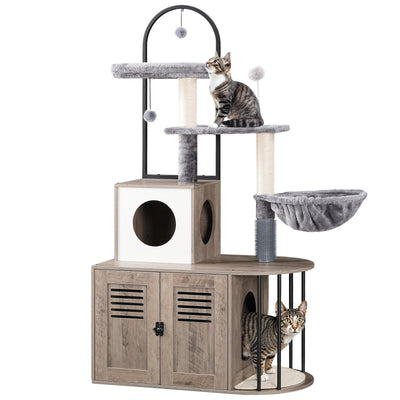 HOOBRO Cat Tree with Litter Box Enclosure, Arched All-in-One 31.5" Cat Tower with Hidden Litter Box Furniture for Indoor Cats, Versatile Cat Condo with Sisal Posts, Hammock, Greige and Gray BG45MZ03