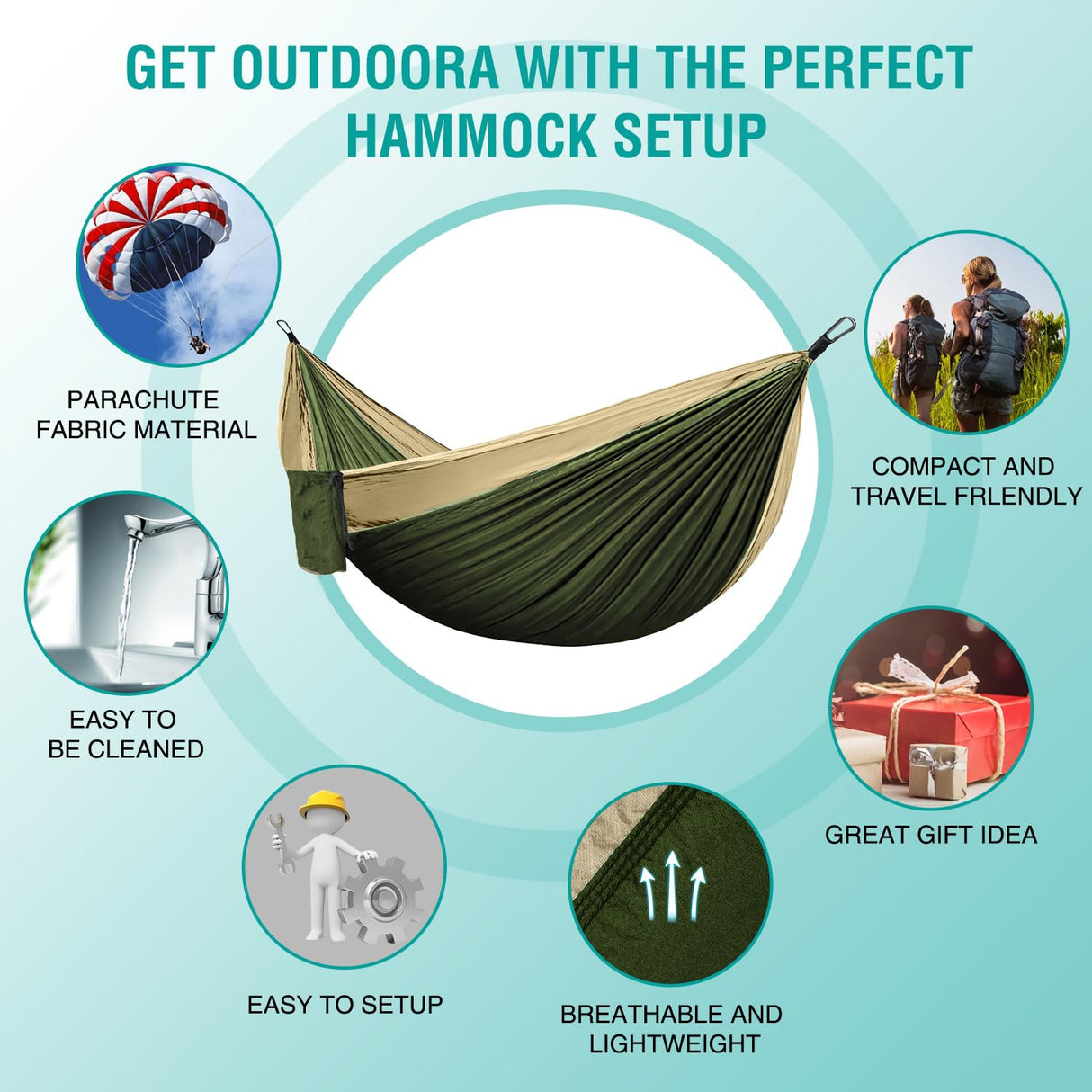 Hammock Camping, Portable Single/Double Hammocks for Outdoor Hiking Travel Backpacking - 210D Nylon Hammock Swing for Backyard & Garden (Green/Khaki) ERUW