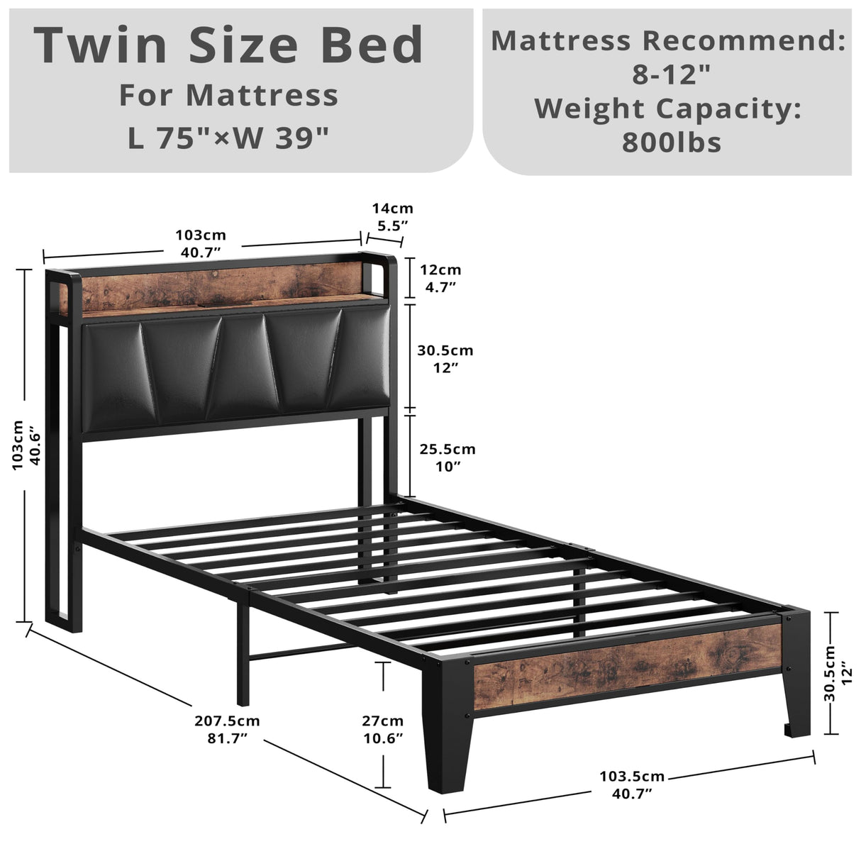 LIKIMIO Vintage Brown and Black Twin Bed Frame with Storage Headboard and Charging Station LIKIMIO