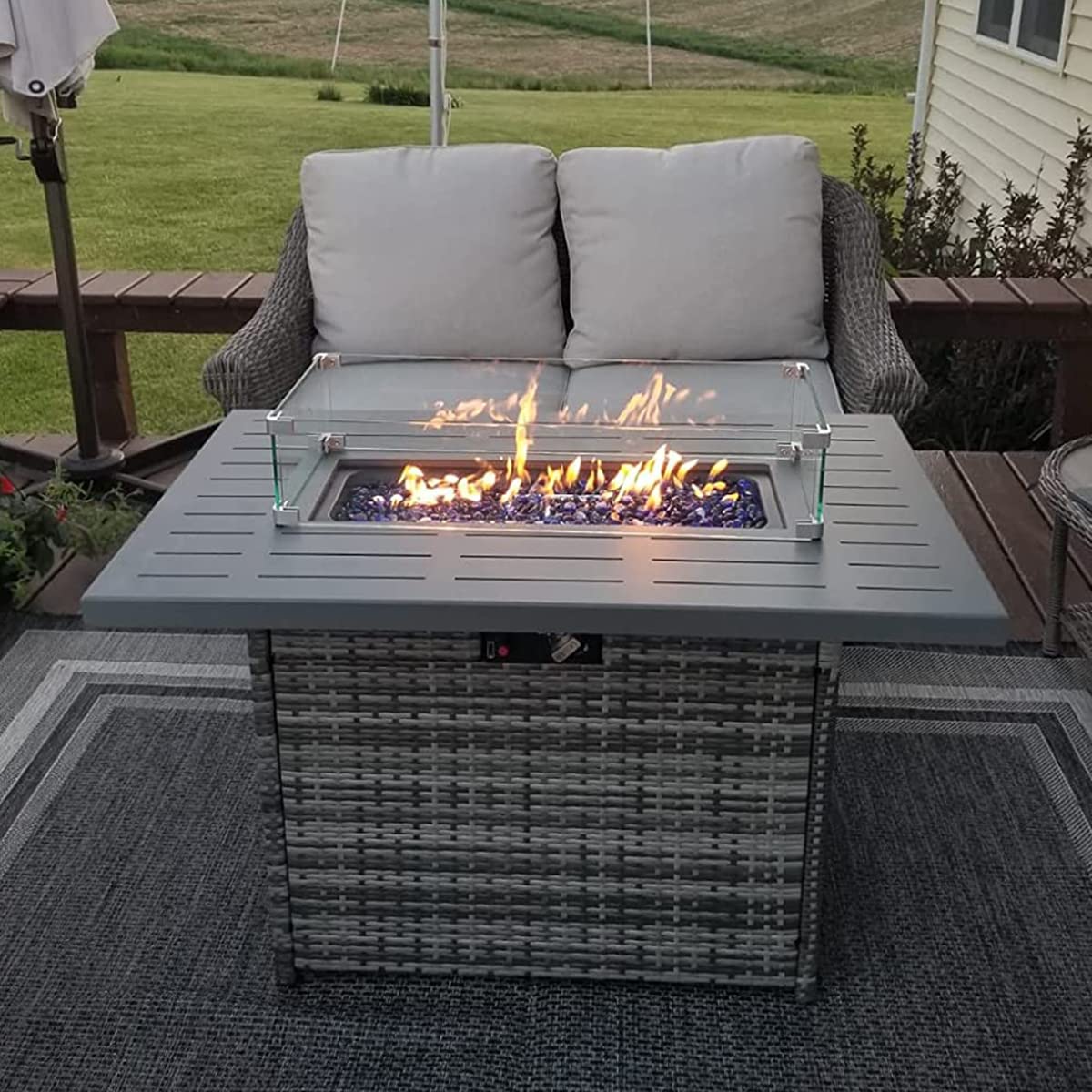LayinSun 44" Propane Gas Fire Pit Table, 55000 BTU Rectangular Fire Pit with Glass Wind Guard for Outside Patio Deck Garden Backyard Gray-Aluminum Top LayinSun