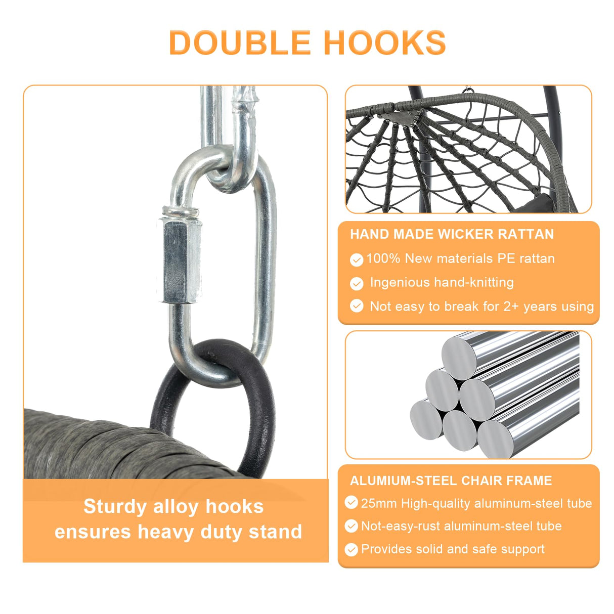 Anranni Double Egg Swing Chair with Stand, 2 Person Outdoor Indoor Hammock Hanging Chair with Cushion,Patio Wicker Hanging Egg Chair w/Cushion 700LBS Capacity for Bedroom, Balcony, Garden Anranni