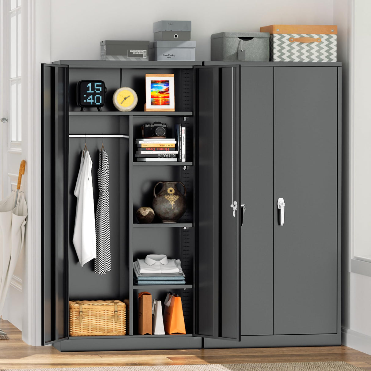 Greenvelly Metal Storage Cabinet with Lock Door,72" Locking Steel Storage Wardrobe Cabinet,Employees Locker Closet Clothing Coat Steel Wardrobe Cabinet with Hanging Rod for Garage,Home Office,Gym Greenvelly