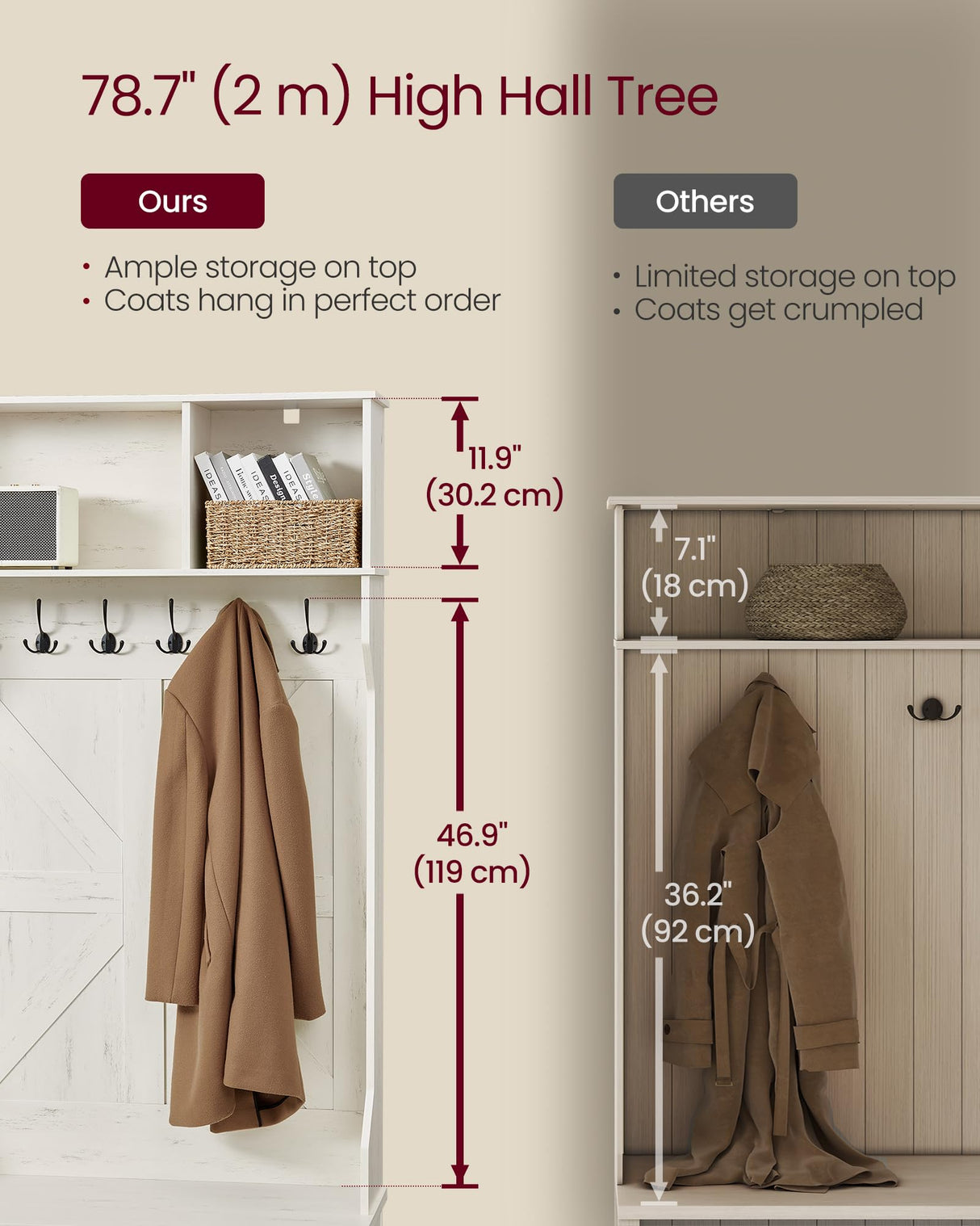 VASAGLE Hall Tree with Bench and Shoe Storage, Coat Rack with Shoe Bench, Entryway Furniture, 20 Open Compartments, 6 Tri-Hooks, Farmfouse Style, Space Saving, Rustic White UHSR440W01 VASAGLE