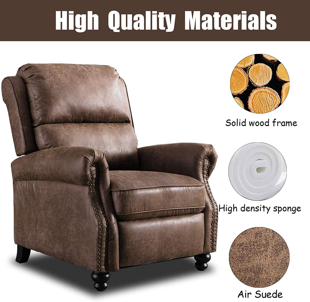 CANMOV Pushback Recliner Chair Faux Leather Armchair Push Back Recliner with Rivet Decoration Single Sofa Accent Chair for Living Room, Chocolate CANMOV