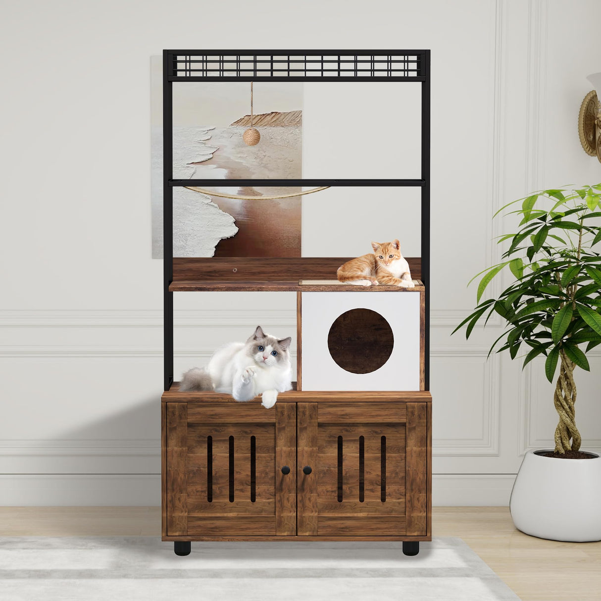 Curtainboro Cat Tree with Litter Box Enclosure, 60'' Wooden Cat House with Storage Shelf, Sisal Hammock, Condo and Play Ball, Hidden Kitty Litter Box Cabinet, Reversible Entrance Curtainboro