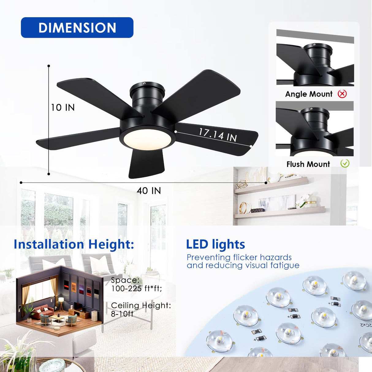 Ceiling Fans with Lights,Modern Low Profile Ceiling Fan with Remote Control,5 Dual-Sided Blades,Reversible DC Motor,40" Black Small Flush Mount Ceiling Fan for Bedroom Indoor/Outdoor Use Hounberi