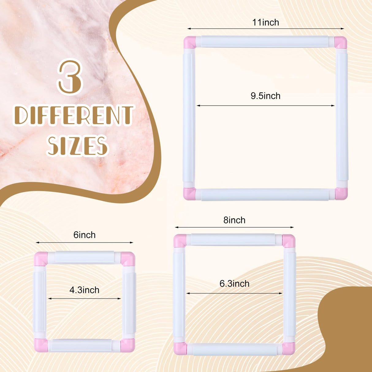 Janinka Embroidery Hoop 3 Pcs Cross Stitch Hoops and Frames White Rectangular Cross Stitch Embroidery Snap Frame DIY Sewing Tool for Quilting Silk-Painting 6 x 6, 8 x 8, 11 x 11 in(Light Purple) Janinka