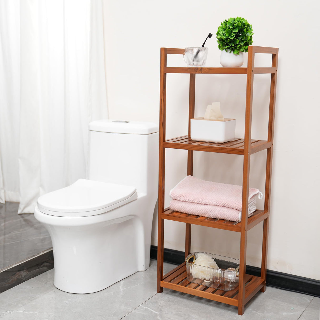 Utoplike Teak Wood 4-Tier Bathroom Shelf Organizer with Handles Utoplike
