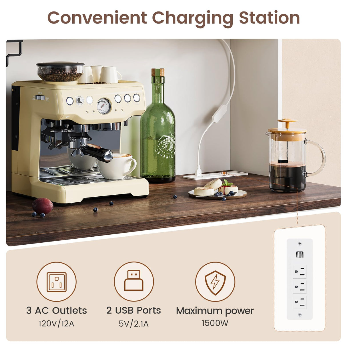 DICTAC Farmhouse Buffet Cabinet with Storage Coffee Bar Station Cabinet with Power Outlet and LED Light, Tall Bar Cabinets with Sliding Barn Door and Wine Glass Rack for Kitchen, Living Room,White DICTAC