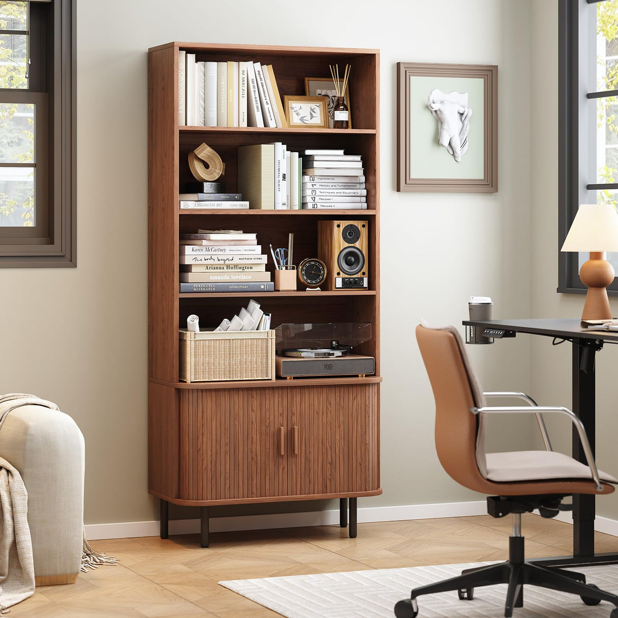 ONBRILL 71" Tall Bookshelf, 4-Tier Bookcase with Storage Cabinet & Adjustable Storage Shelf, Freestanding Wood Bookshelf with Sliding Door and Adjustable Footpad, for Home Office, Living Room, Walnut ONBRILL